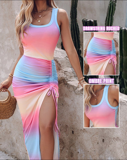 Women's Sleeveless Bodycon - Round Neck Waist Ruffled Side Slit Tight Long Dress