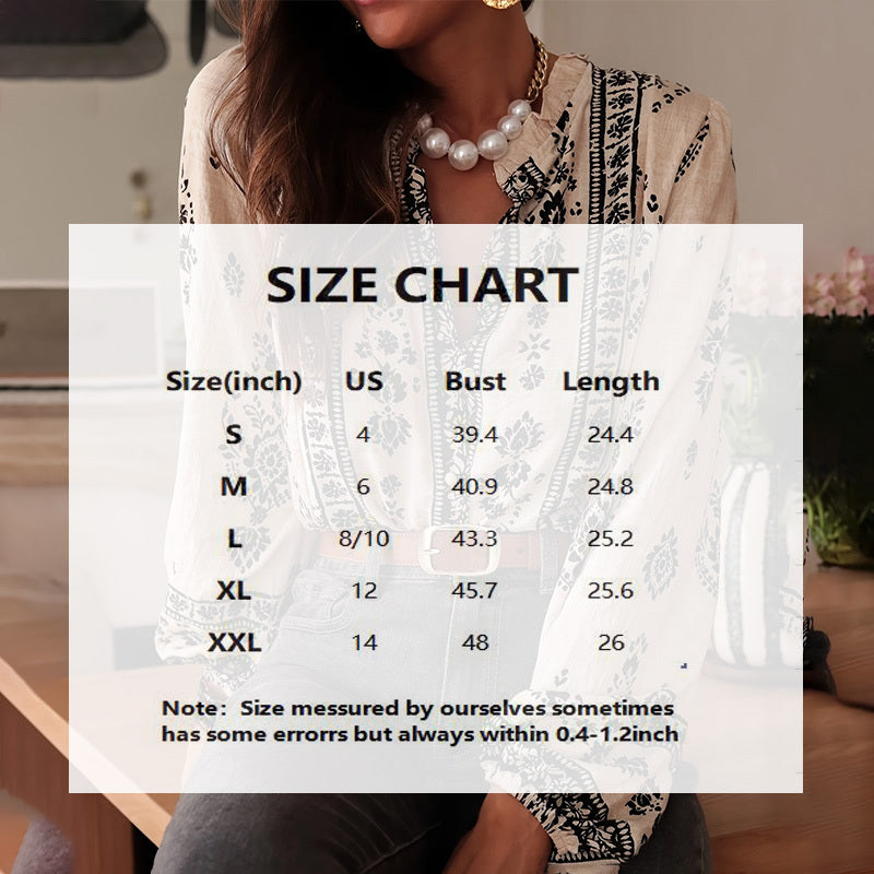 Women's Elegant Printed Blouse - Flowy Boho Shirt With Lantern Sleeves & Lace Trim, Vintage Ethnic Style Loose Top