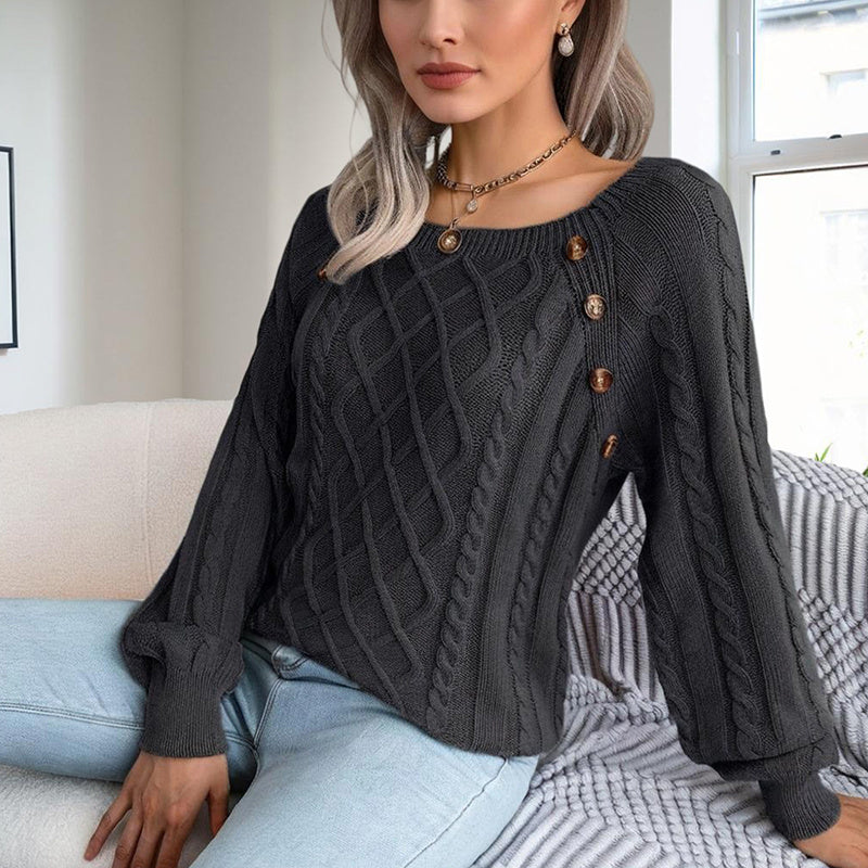 Women's Solid Color Casual Square Neck Button-Detail Knit Top - Textured Ribbed Pattern