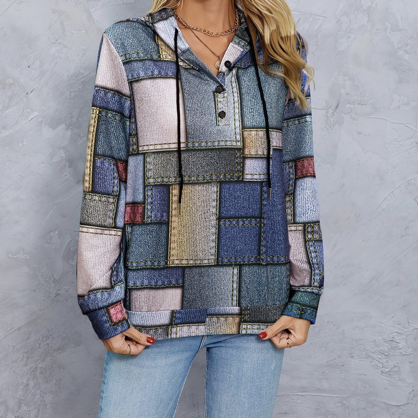 Women's Geometric Print Drawstring Fashionable Casual Hoodie Top