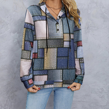 Women's Geometric Print Drawstring Fashionable Casual Hoodie Top