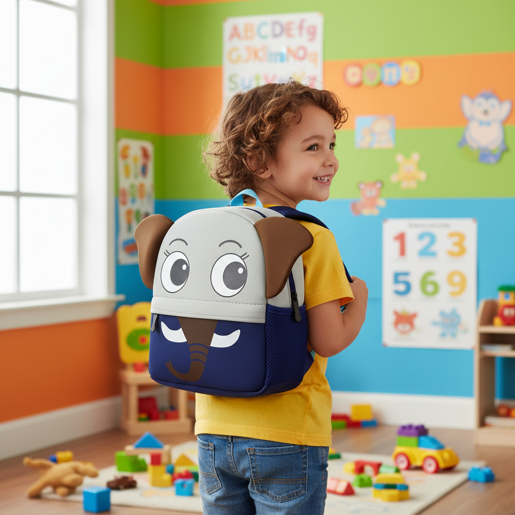 Cartoon elephant kids backpack with smiling face, white and brown ears, blue lower panel