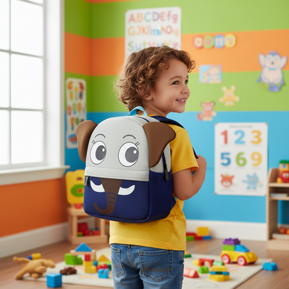 Cartoon elephant kids backpack with smiling face, white and brown ears, blue lower panel