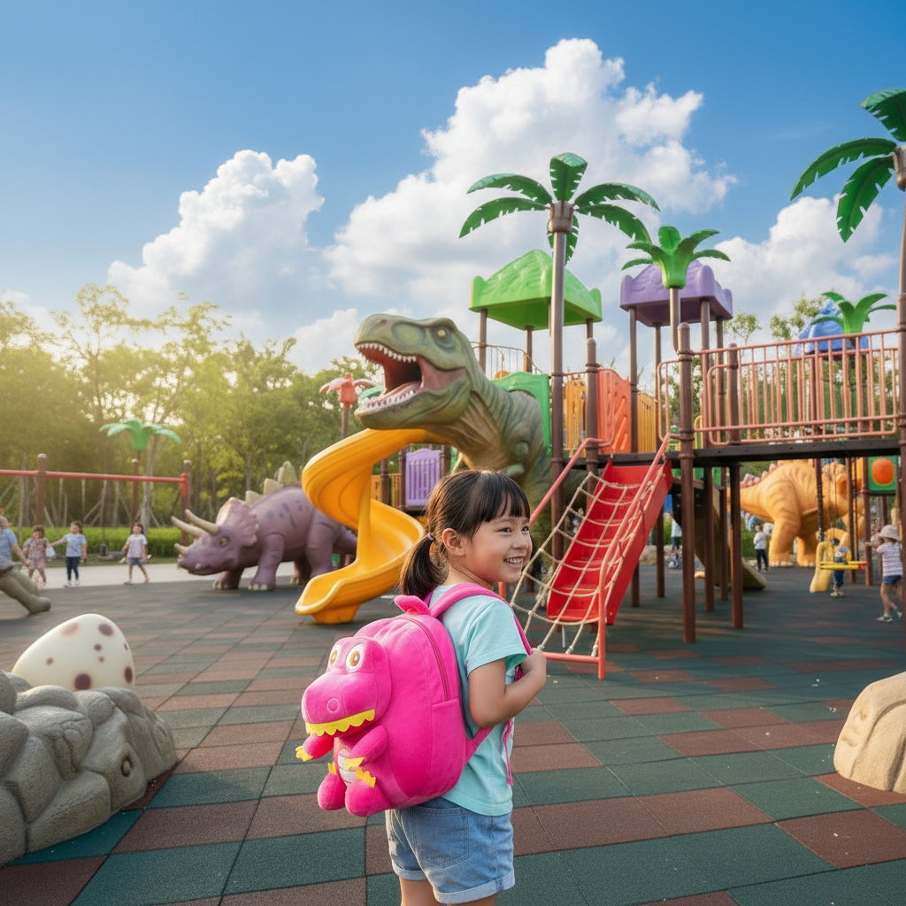 Pink kids school backpack with dinosaur plush, child wearing and smiling