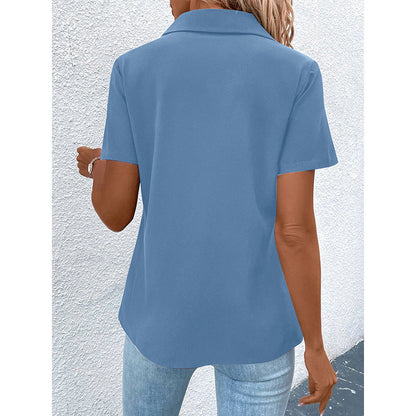 Women's Zipper Polo Shirts Short Sleeve Summer Collared Down T Shirts Top Casual Loose Fit Blouses