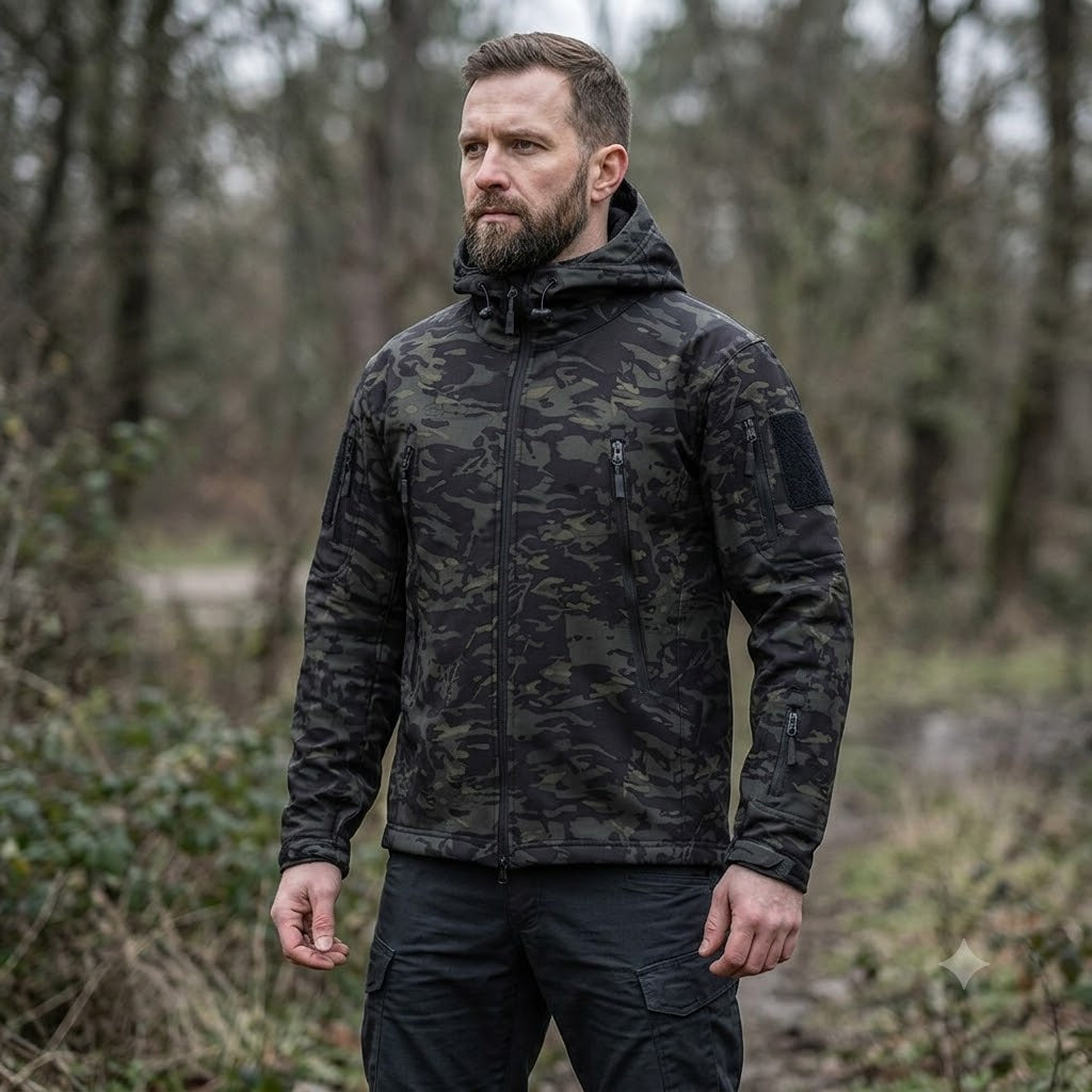 Men's dark camo tactical jacket with hood and front zipper, worn with long sleeves