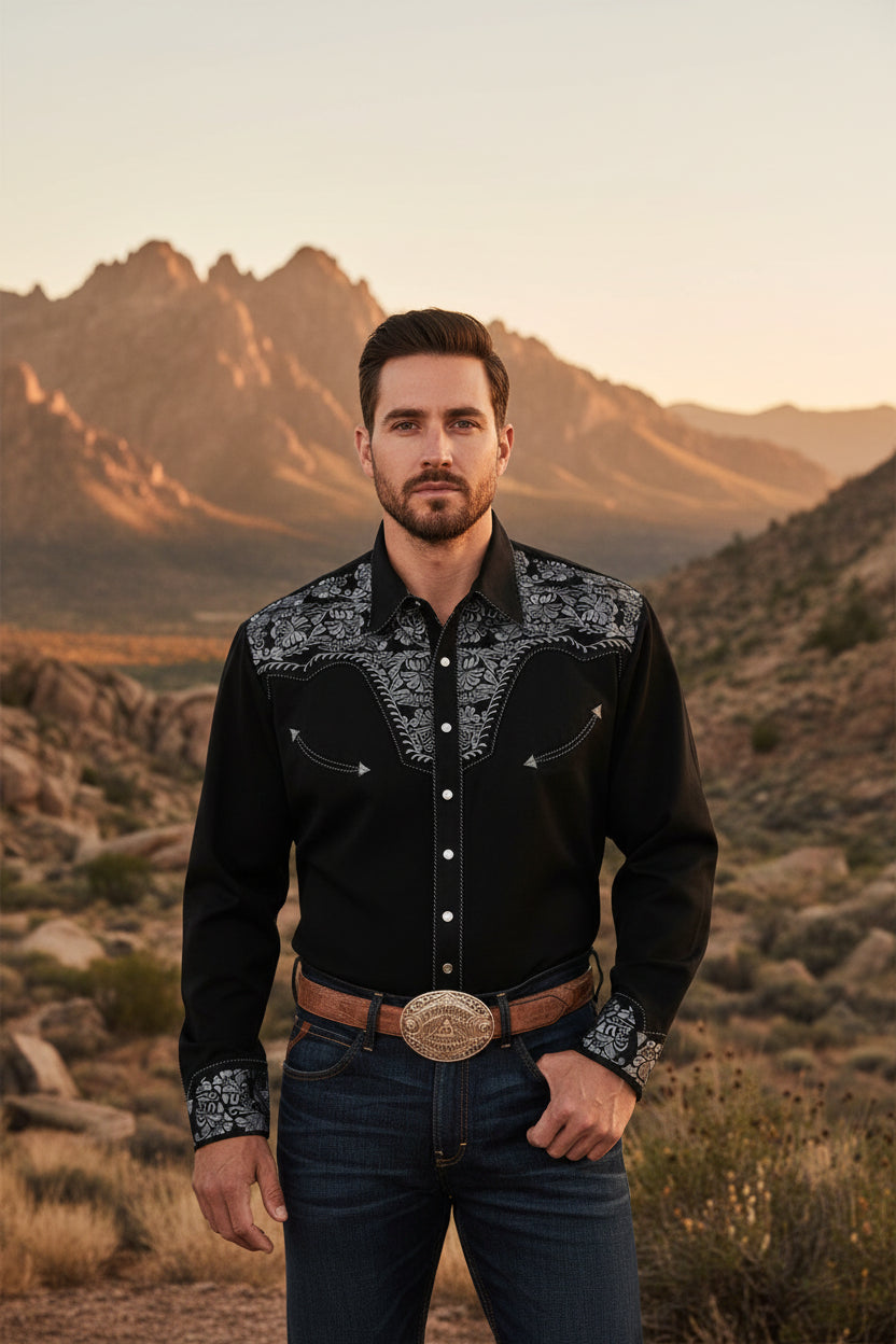 Men's black long-sleeve polo-collar button shirt with gray printed yoke and cuffs