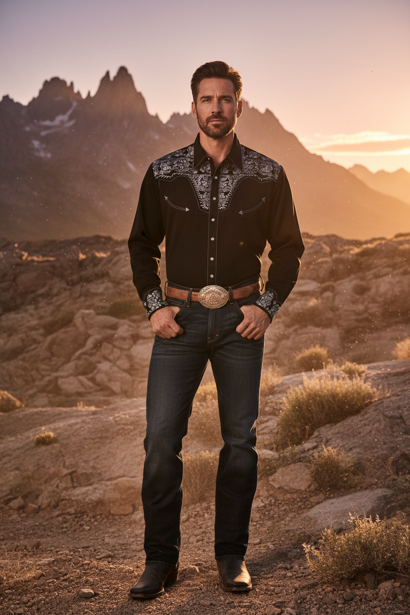 Men's long-sleeve polo collar button shirt, black with gray ornate yoke and piping