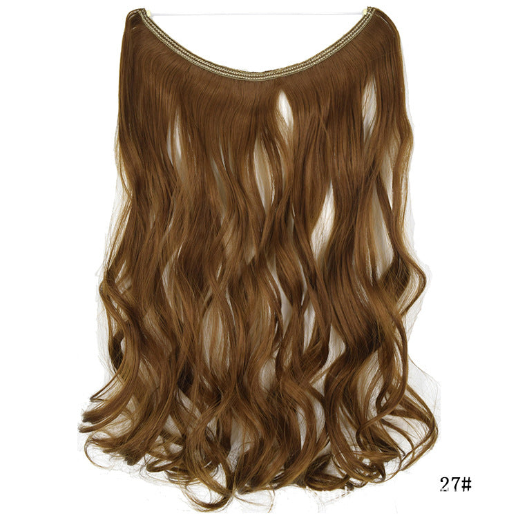 Womens seamless hair extension wig set, deep brown wavy hair with top attachment band.