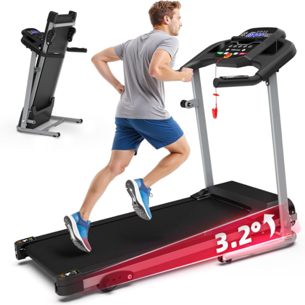 Compact foldable treadmill with digital console, black frame and red trim on deck