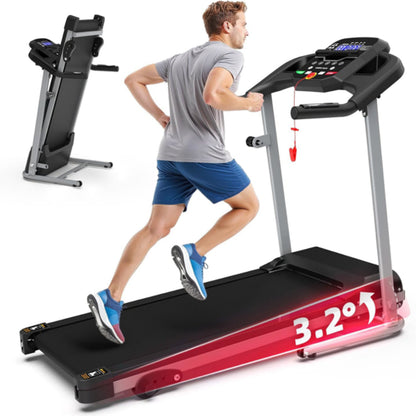 Compact foldable treadmill with digital console, black frame and red trim on deck