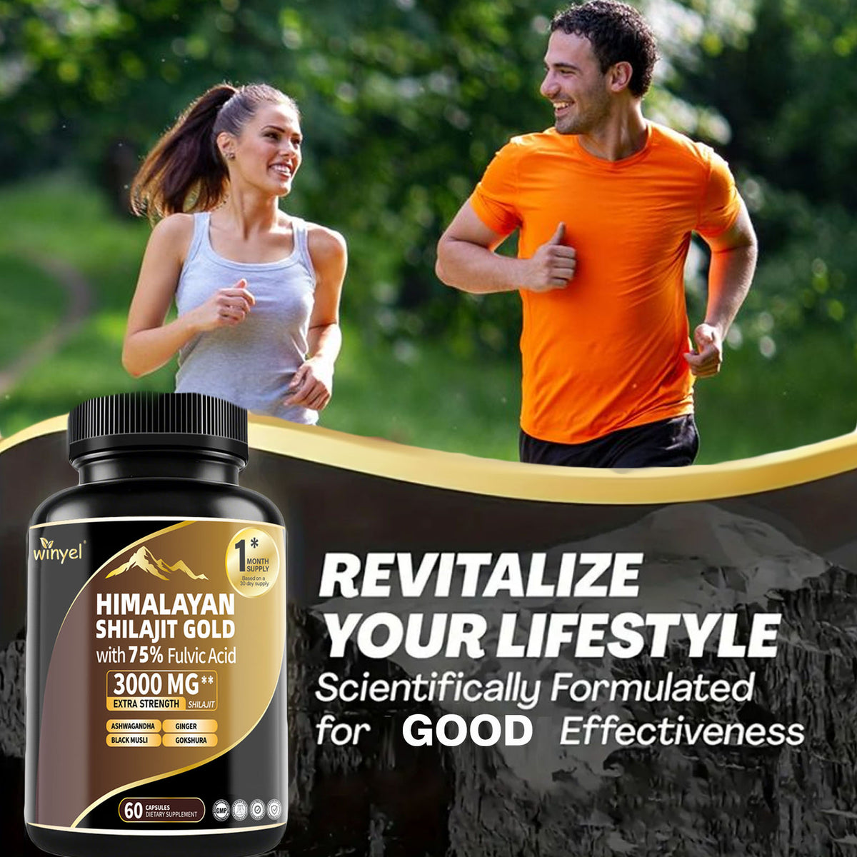 Shilajit Gold supplement bottle with black ribbed cap and gold front label