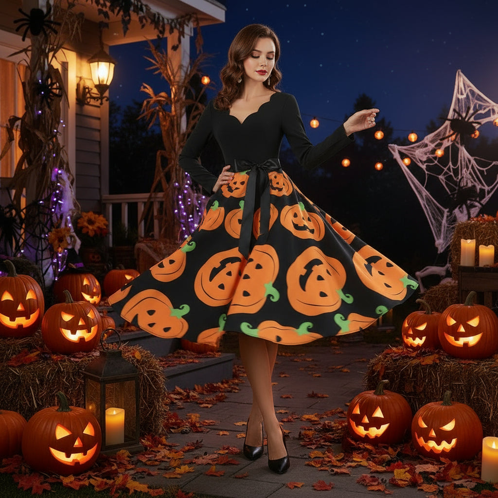 Halloween Burnt Flower V-neck Long-sleeved Sexy Print Big Swing Dress