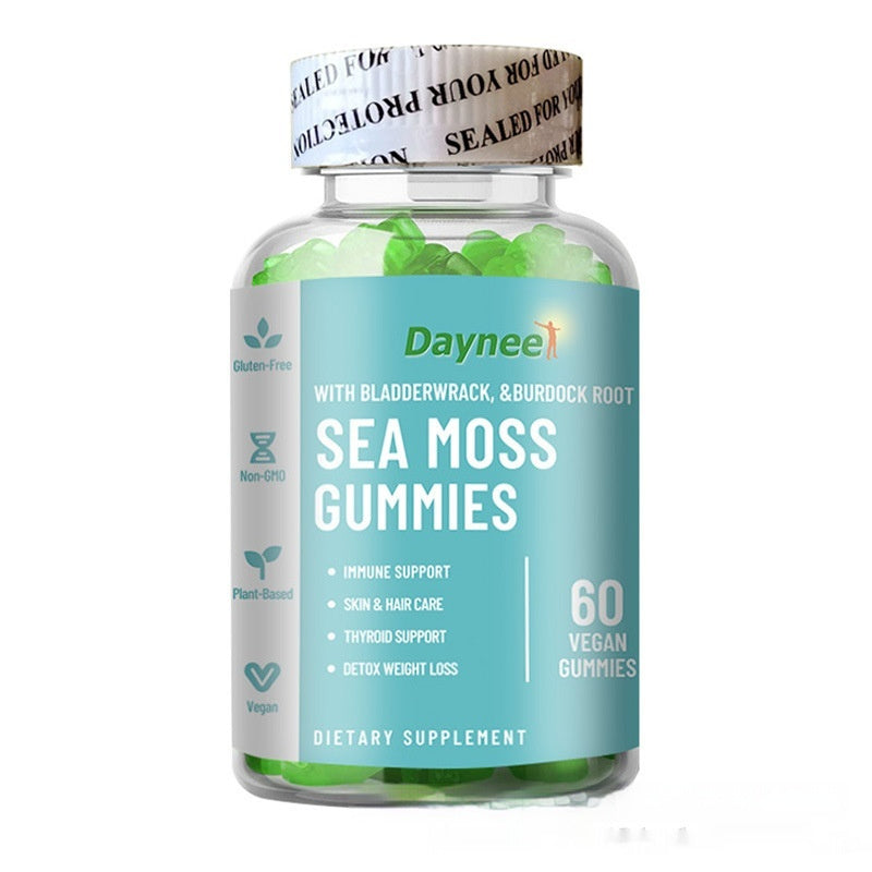 Dayneet Sea Moss Gummies bottle with green gummies, 60 vegan gummies