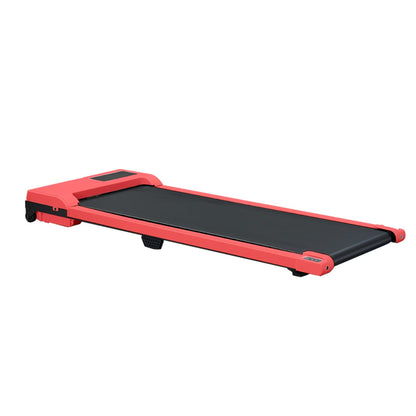 Red folding walking treadmill with black deck, side rails, and support feet