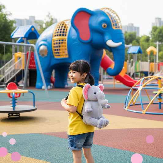 Blue cartoon elephant plush backpack with red inner ear details and padded straps.