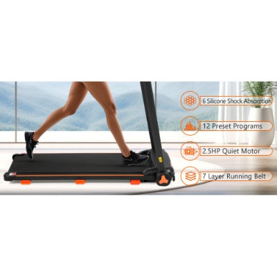 Black treadmill deck with orange side accents and multi-layer running belt.