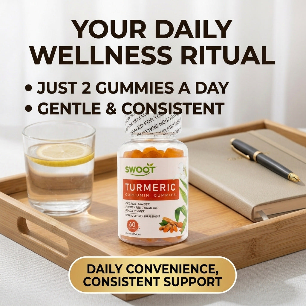 SwooT turmeric curcumin gummies bottle on tray beside a glass