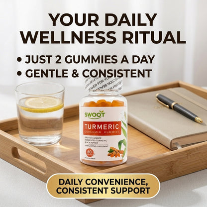 SwooT turmeric curcumin gummies bottle on tray beside a glass