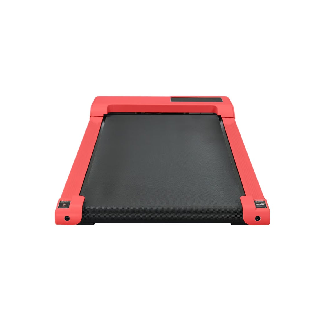 Red treadmill front view with black running belt and integrated control screen