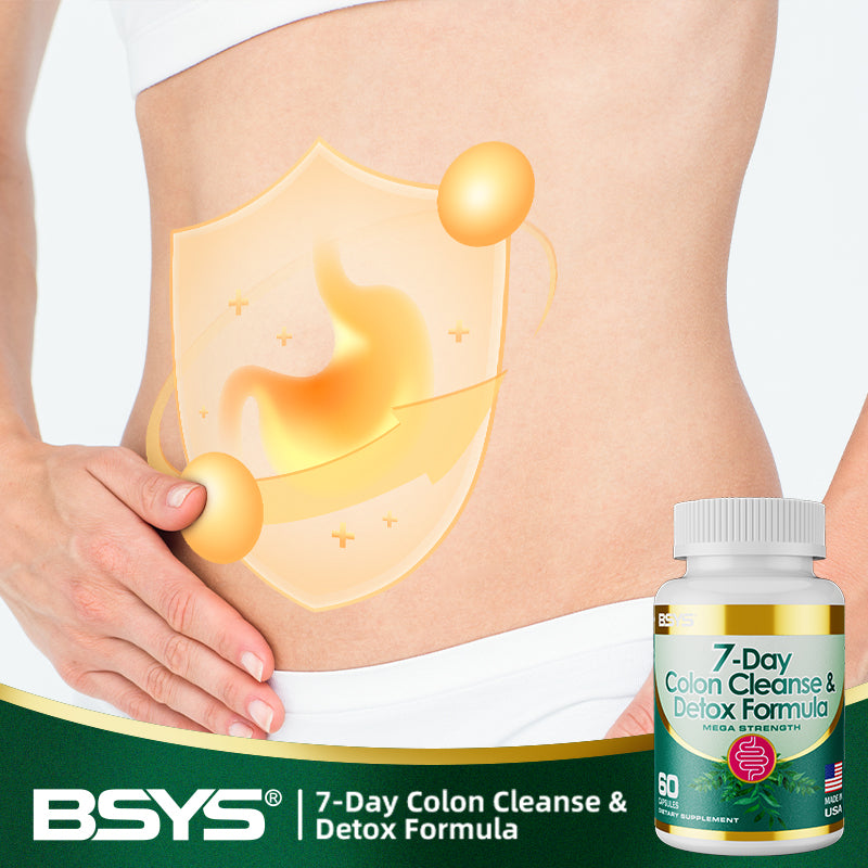 Colon cleanse supplement bottle with white cap and green-gold label with orange shield graphic