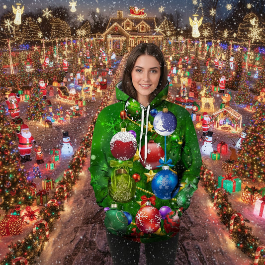 Christmas 3D Digital Print Casual Loose Fit Hooded Pullover Sweatshirt