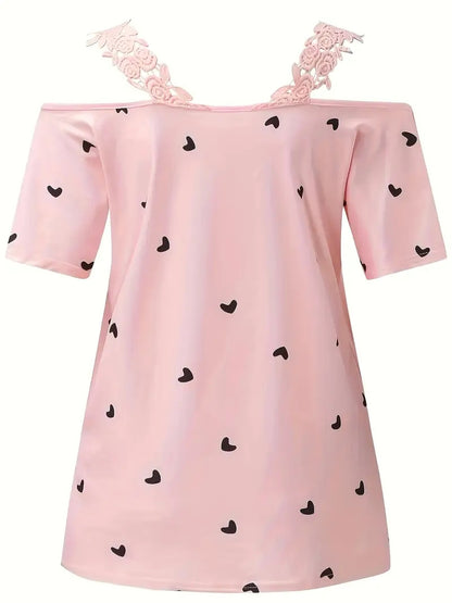 New Short-sleeved Lace Heart Print T-shirt Women's Top