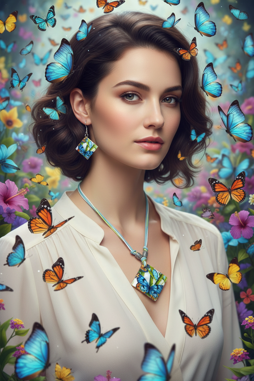 Butterfly shell pendant necklace with matching dangling earrings jewelry set