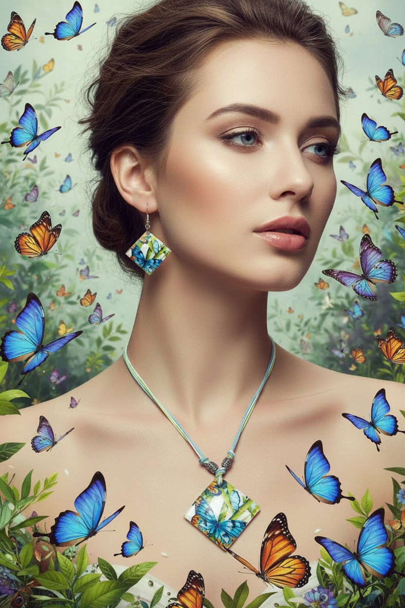 Shell necklace and earring set with square diamond pendant and dangling square earrings