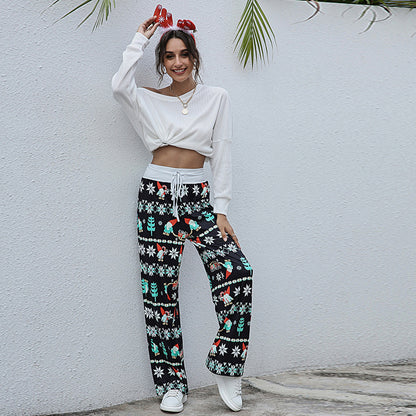 Christmas Pants Women Fashion Casual Drawstring Trousers With Snowflake Tree Elk Print