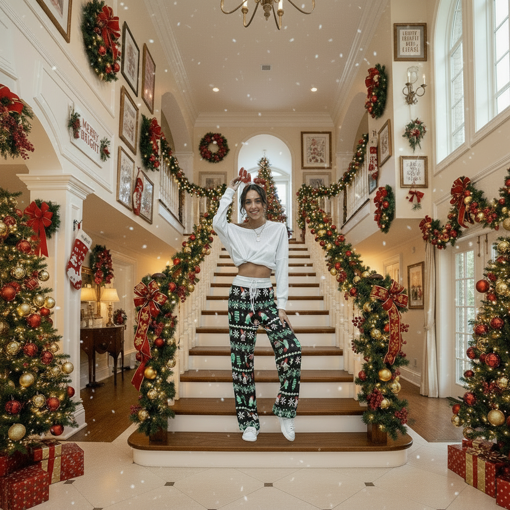 Christmas Pants Women Fashion Casual Drawstring Trousers With Snowflake Tree Elk Print