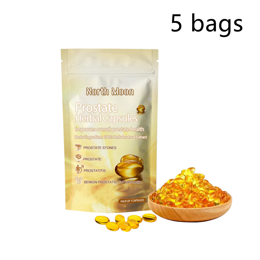 Set of five herbal capsule pouches with golden capsules and a wooden bowl