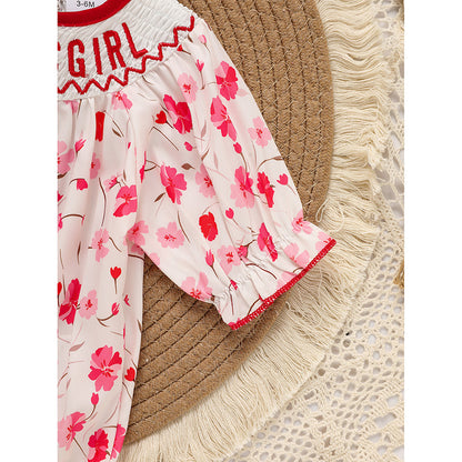 Infant Floral Smocked Romper 'DADDY'S Girl' Embroidery Short Sleeve Crew Neck Adorable Princess Party Bodysuit