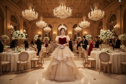 Red sweetheart bodice wedding gown with layered tulle petti skirt, full length