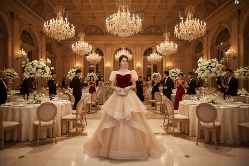 Red sweetheart bodice wedding gown with layered tulle petti skirt, full length