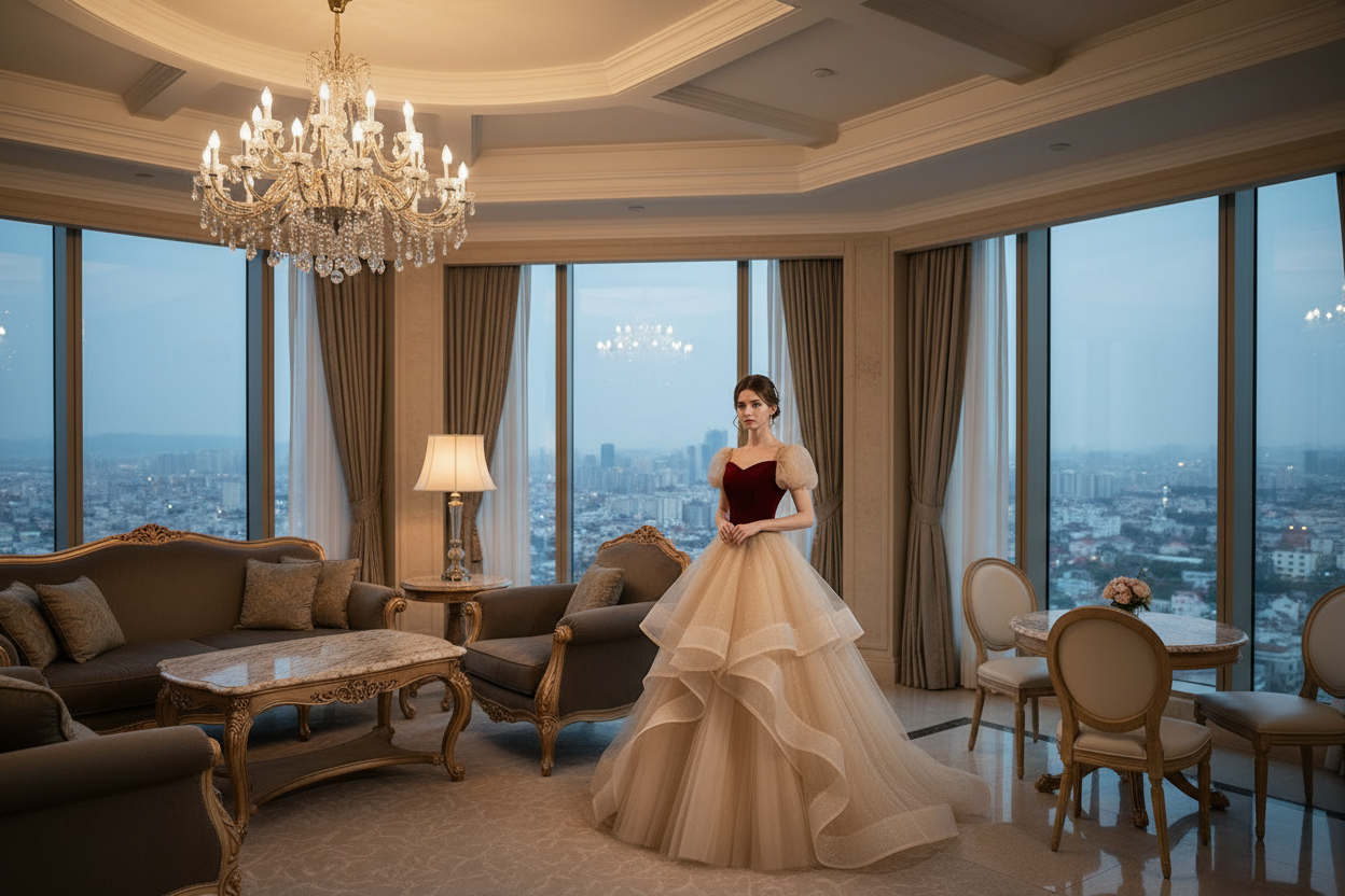 Red bodice wedding gown with airy layered tulle skirt and wide ruffle tiers