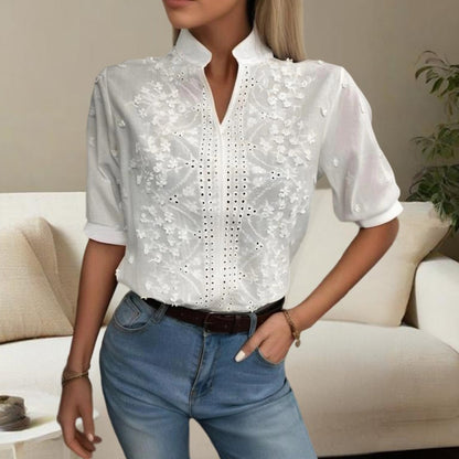 Women's V-Neck Embroidered Lace Short Sleeve Top - Pure White Sheer Mesh Lace Detail, Fashionable Casual Wear