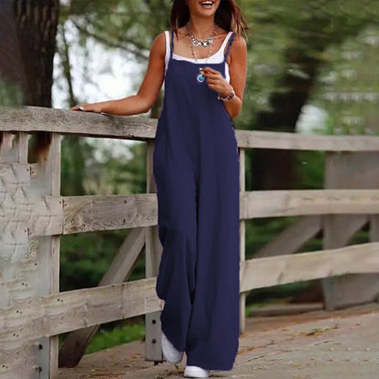 Plus Size Women's Solid Color Casual Jumpsuit - Sleeveless Romper With Pockets