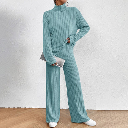 Women's Solid Color 2-Piece Set High Neck Long Sleeve Top & Pants, Striped Loungewear