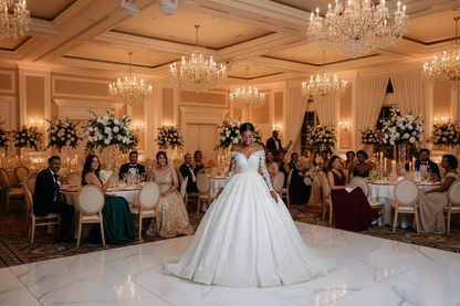 White wedding gown with off-shoulder neckline, embellished bodice, and full A-line skirt