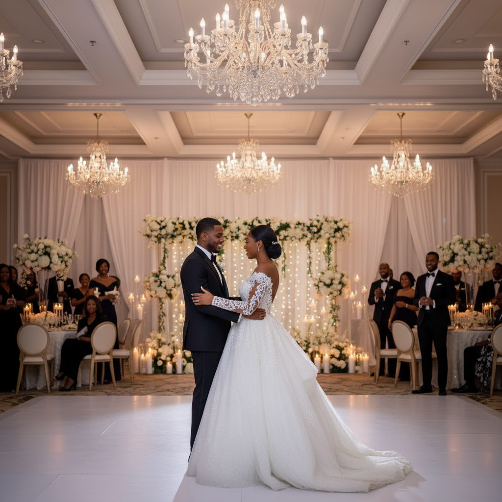 White lace wedding gown with long sleeves and a flowing full skirt