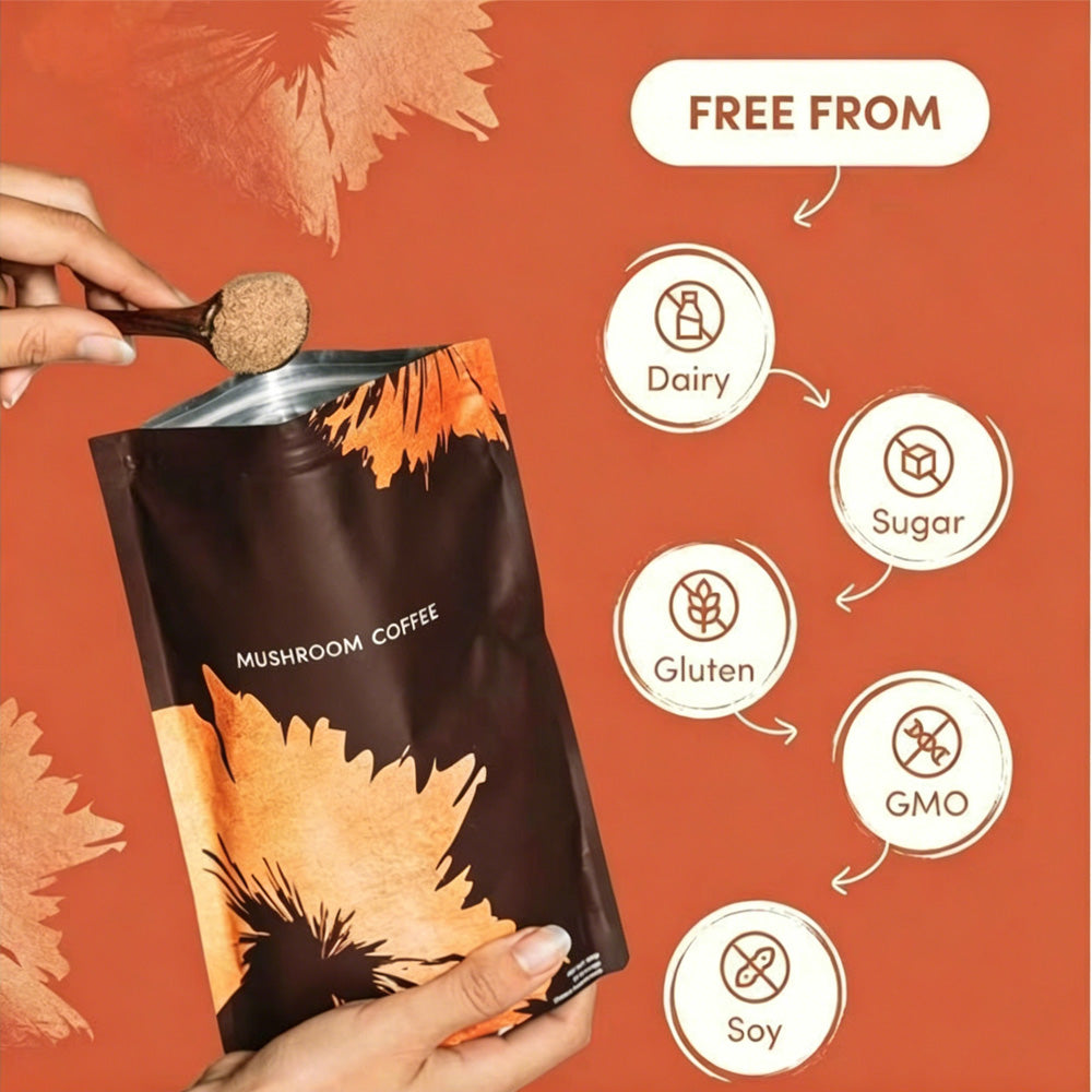 Mushroom coffee pouch with free-from badges: dairy-free, sugar-free, gluten-free