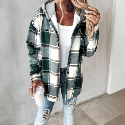 Women's Plaid Drawstring Hoodie Long Sleeve Shirt Button Front Casual Tops Minimalist Style