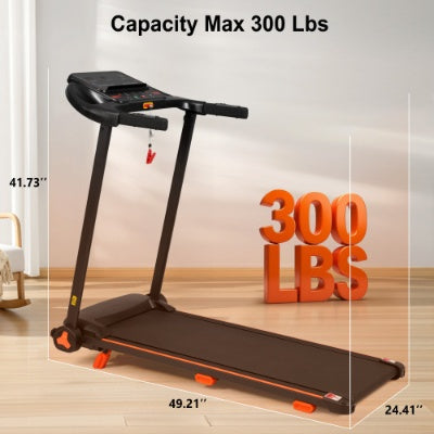 Black folding treadmill showing compact dimensions and long running surface.
