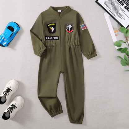 Toddler Boys Pilot Jumpsuit Army Green Long Sleeve Romper, Party Outfits