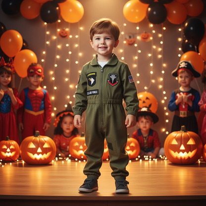 Toddler Boys Pilot Jumpsuit Army Green Long Sleeve Romper, Party Outfits
