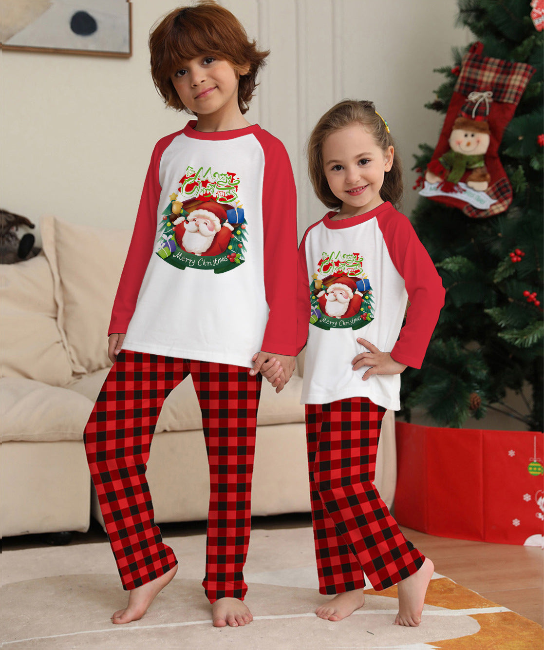 Christmas Parent-Child Set Long Sleeve T-Shirt Plaid Pants Family Matching Pajamas