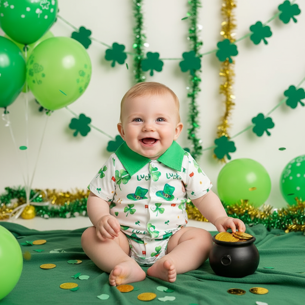 Newborn Baby Boy St. Patrick's Day Clothes Short Sleeve Clover Print Romper & Suspenders Pant 2Pcs Casual Clothes Set