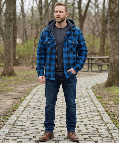 Men's plaid hooded puffer coat, blue grid, front zip and pockets