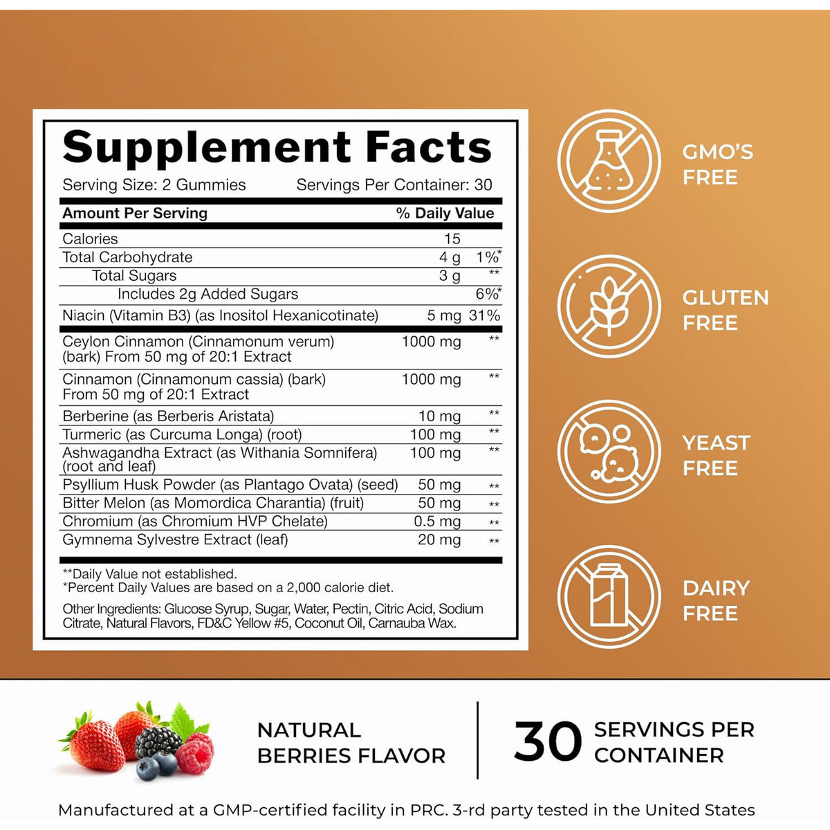 Supplement Facts label with servings per container and ingredient amount list